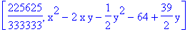[225625/333333, x^2-2*x*y-1/2*y^2-64+39/2*y]